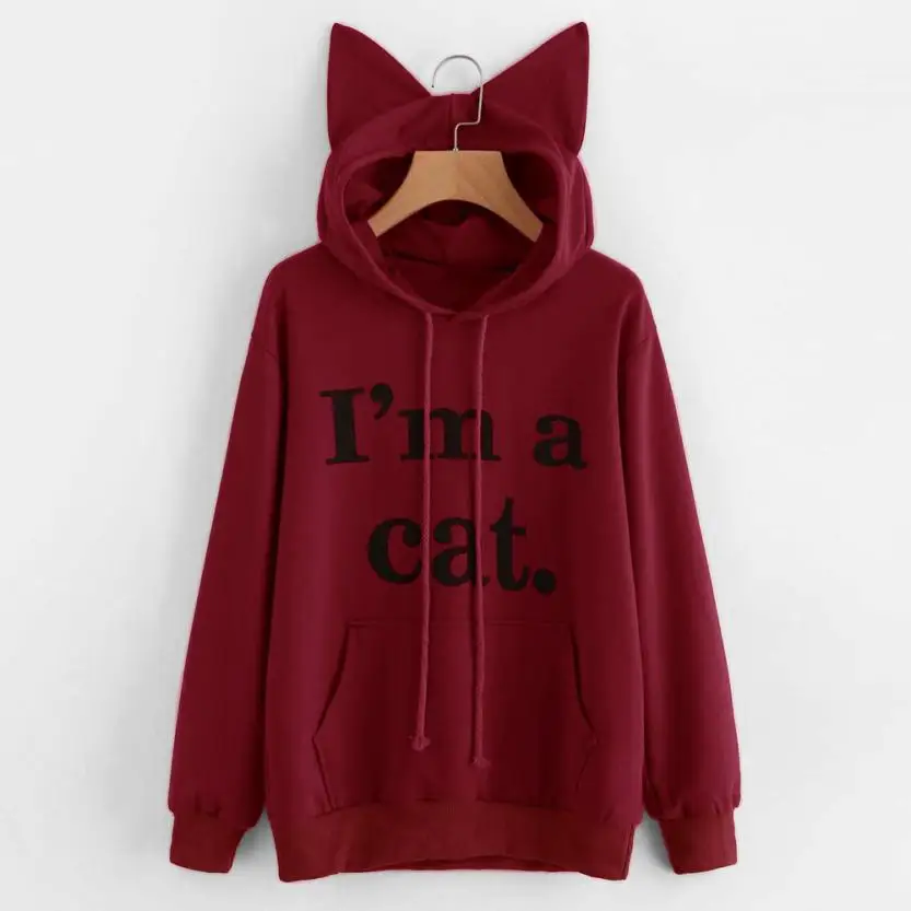Red С украшением в виде кошачьих ушек Толстовка Harajuku Kawaii японская одежда Женский свитшот с принтом в виде букв и Casaco Feminino# D05 - Цвет: Red