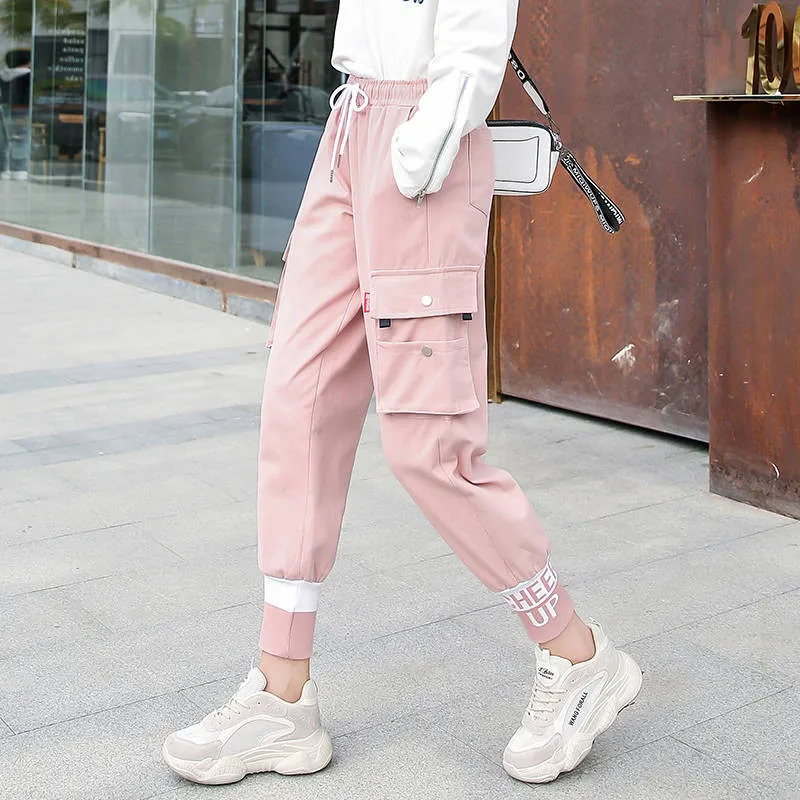 Розовые брюки с высокой талией уличная женская повседневная брюки карманы лазеры Лоскутные тренировочные брюки-карандаши крутая Осенняя подошва корейские брюки