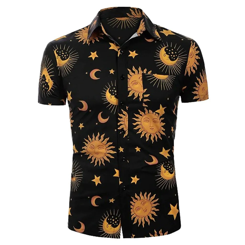 

feitong Men Summer Hawaii Shirt Short Sleeve Harajuku Sun Moon Print Turn-down Collar Slim Loose Shirts Blouse Camisa Femenina