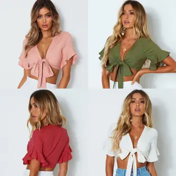 

Summer Sweet Lady Sexy Fashion Women Casual Solid White Ruffles Bowknot Tank Crop Top Vest Blouse Petal Half Sleeve V-neck Camis