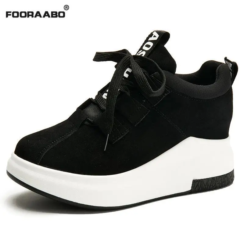 Fooraabo tenis feminino повседневная женская обувь Черные Замшевые Кожаные сникерсы на