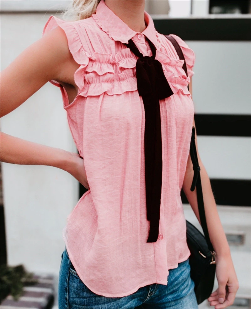 New Fashion Women Summer T-shirt Tops Sleeveless Ruffles Lace Up Neck Sexy Women Tops T-Shirt For Female Street Wear