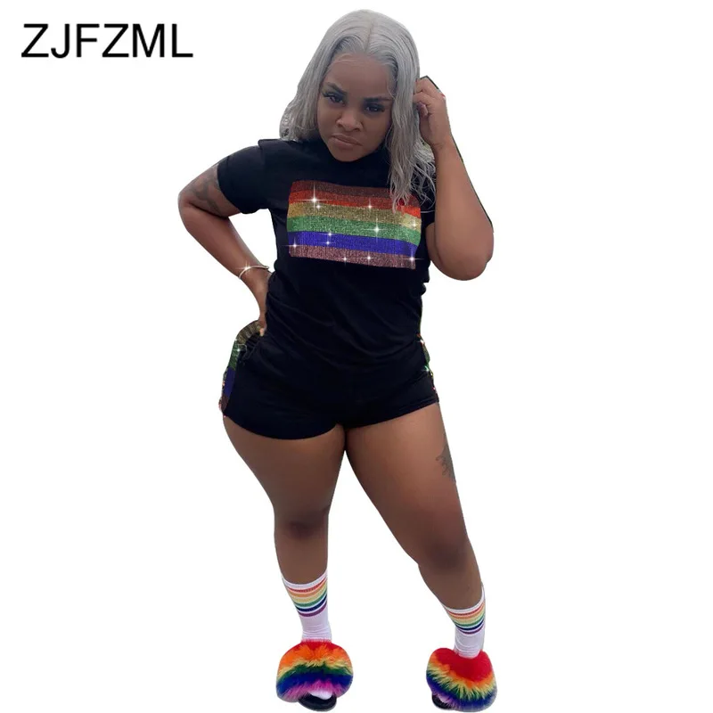 

Rainbow Rhinestone Two Piece Summer Clothes for Women Short Sleeve T Shirt + Bodycon Biker Shorts Plus Size Causal Matching Sets