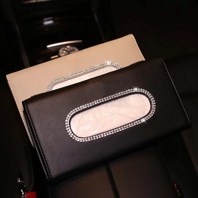 

Leather Car Tissue Boxes for Sun Visor Rhinestones Crystal Tissue Paper Holder Hanging Type Auto Interior Accessories Decoration