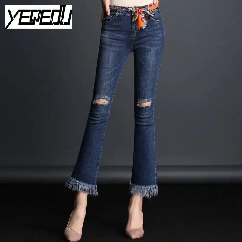 #3219 Knee with hole Leg opening with tassel Ankle length Slim Fit Mid ...