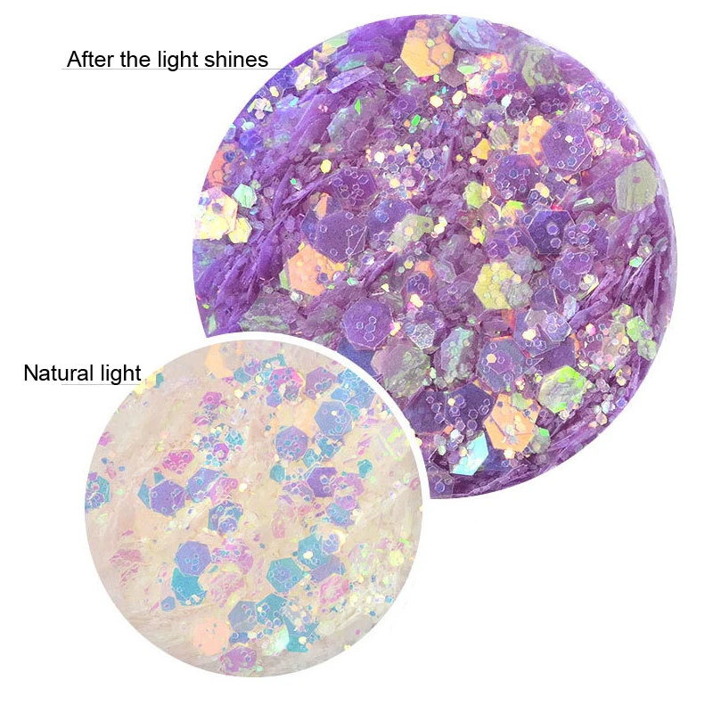 2 бутылки света ногтей Блеск мощности Красочные голографические пайетки для ногтей пигмент хамелеон лак клей для накладных ресниц