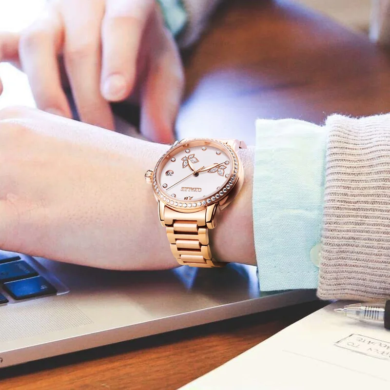OYALIE Top brand Automatic Watch Women Mechanical Watches Rhinestone Luxury Rose gold Steel Bracelet Waterproot relogio feminino