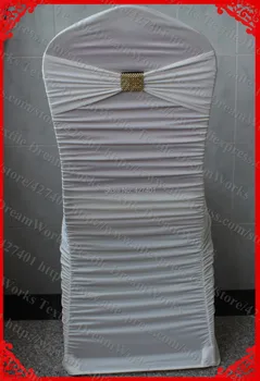 

NO.10 Ivory Ruffled Lycra Chair Covers With Lycra Band And Gold Diamond Mesh Buckle For Wedding Decoration & Party
