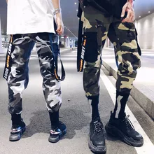Хип хоп камуфляж мужские штаны для бега Camo Ленты повседневное тонкий Джоггеры для мужчин боковой карман хлопок человек спортивные штаны