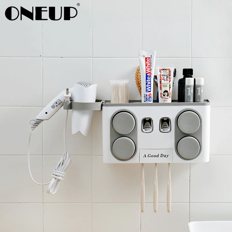 ONEUP многофункциональные аксессуары для ванной комнаты Автоматический Дозатор зубной пасты с присоской настенная подставка для зубных щеток крепление полки