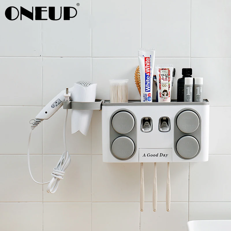 

ONEUP Multifunction Bathroom Accessories Automatic Toothpaste Dispenser With Suction Cup Toothbrush Holder Wall Mount Shelf