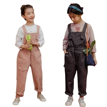 Хлопковые комбинезоны для больших девочек, повседневный свободный спортивный костюм г. Новые Модные весенне-Осенние Комбинезоны с карманами, штаны для детей 6, 8, 10, 12 лет