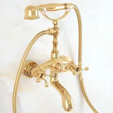 Luxury Gold Color Brass Bathtub Faucet Wall Mounted Tub Sink Faucet Dual Handle Bath Shower Mixer Tap with Hand Shower kemaidi new fashion luxury gold brass bathtub bathroom shower faucet set ceramic handle tub mixer waterfall hand shower