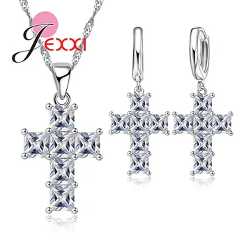 

Hot Fashion Cross Shape Cubic Zirconia 925 Sterling Silver Pendant Necklace Dangle Earrings Jewelry Sets for Women