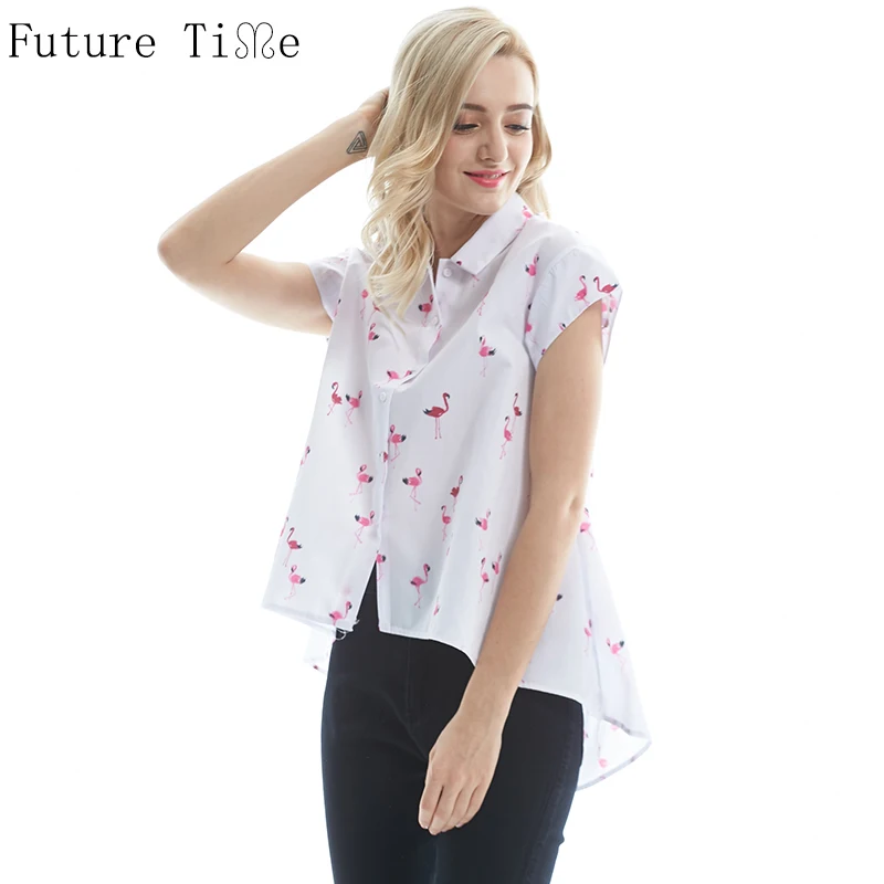 Future Time Flamingo Top Women Summer 2023 Blouses Pink Print Irregular Shirts Female Turn Collar Short Sleeve Blouse SC233 2023 schedule book daily plan notebook book thick book ins high value time management calendar book