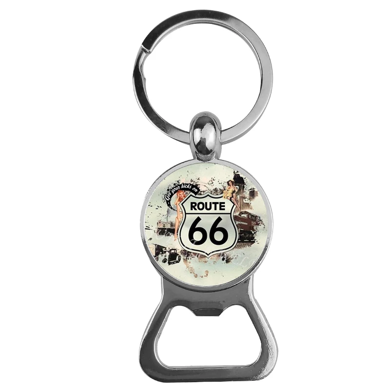 

SUTEYI Classic USA Route 66 Route Bottle Opener Key Holder Fashion Round Glass Cabochon Flag Pattern Key Chain Little Tool