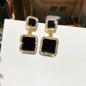 New Square Black Crystal Earrings Rhinestone Fashion Personality Sweet Earrings For Women Jewelry Wedding Earrings Oorbellen