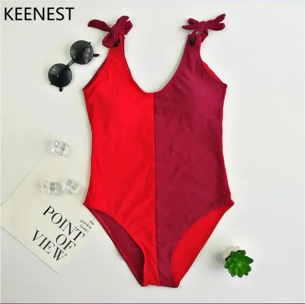 KEENEST Red One Piece Swimsuit Color Push Up Monokini Steel Buckle