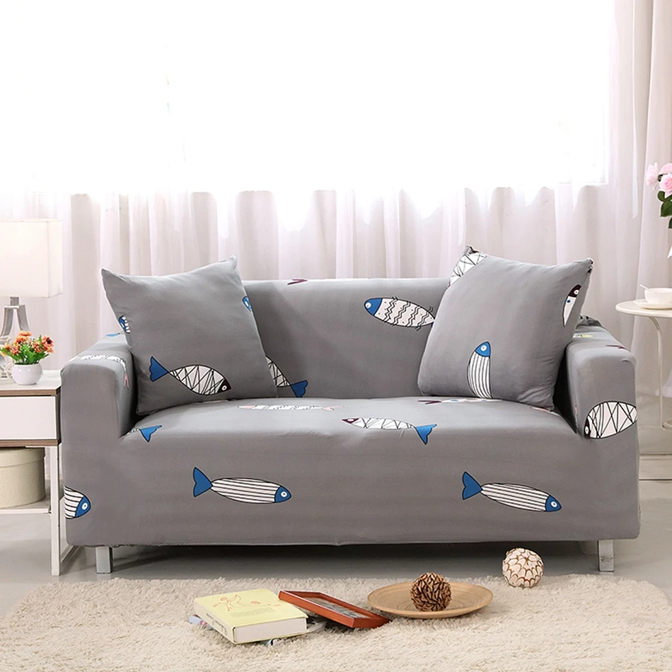 Grey fish print stretch sofa cover for living room,polyester universal