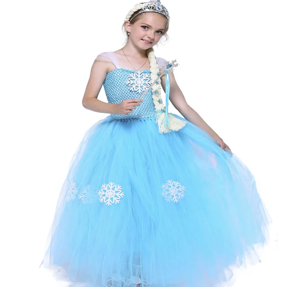 

Princess Froze Elsa Dress for Girls Christmas Snowflake Dress Kids Blue Ankle Length Sleeveless Birthday Party Dress Ball Gowns