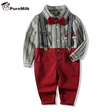 PureMilk/детская одежда; полосатая рубашка с длинными рукавами и бантом+ брюки; Одежда для мальчиков; Вечерние