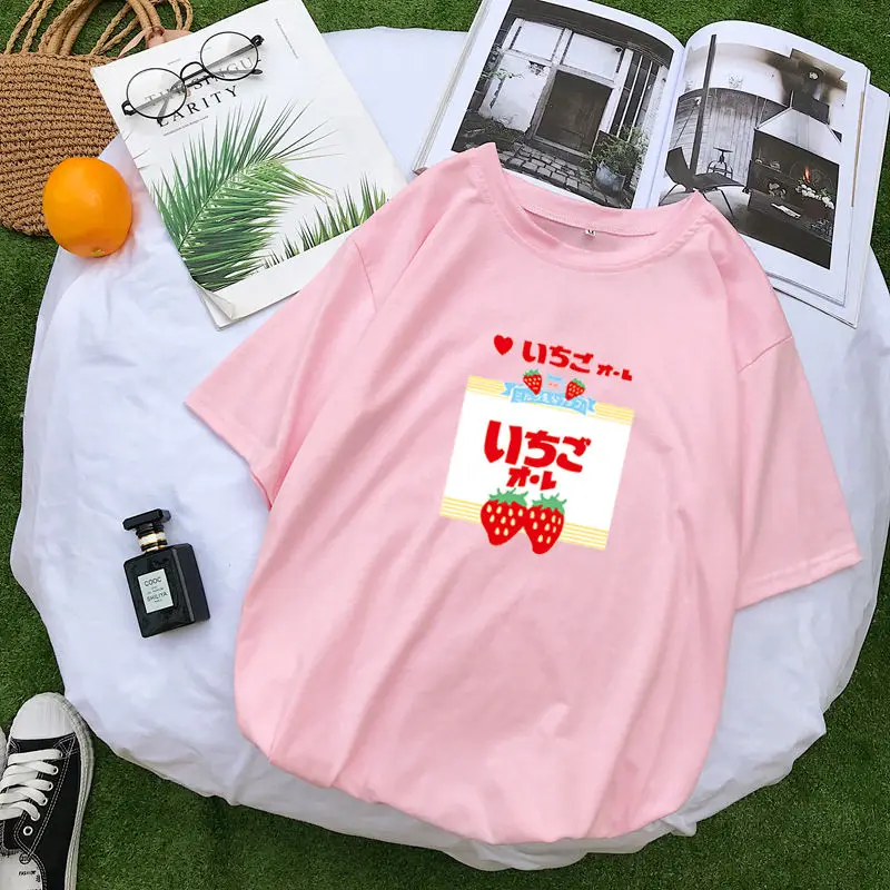 Летняя женская футболка с коротким рукавом, повседневная, кавайная, забавная, с клубничным принтом, с круглым вырезом, Женская свободная футболка Harajuku, уличная футболка, топы - Цвет: Pink