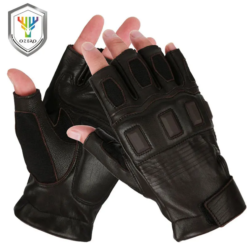 OZERO Half Finger Motorcycle Gloves Leather Goatskin Motocross