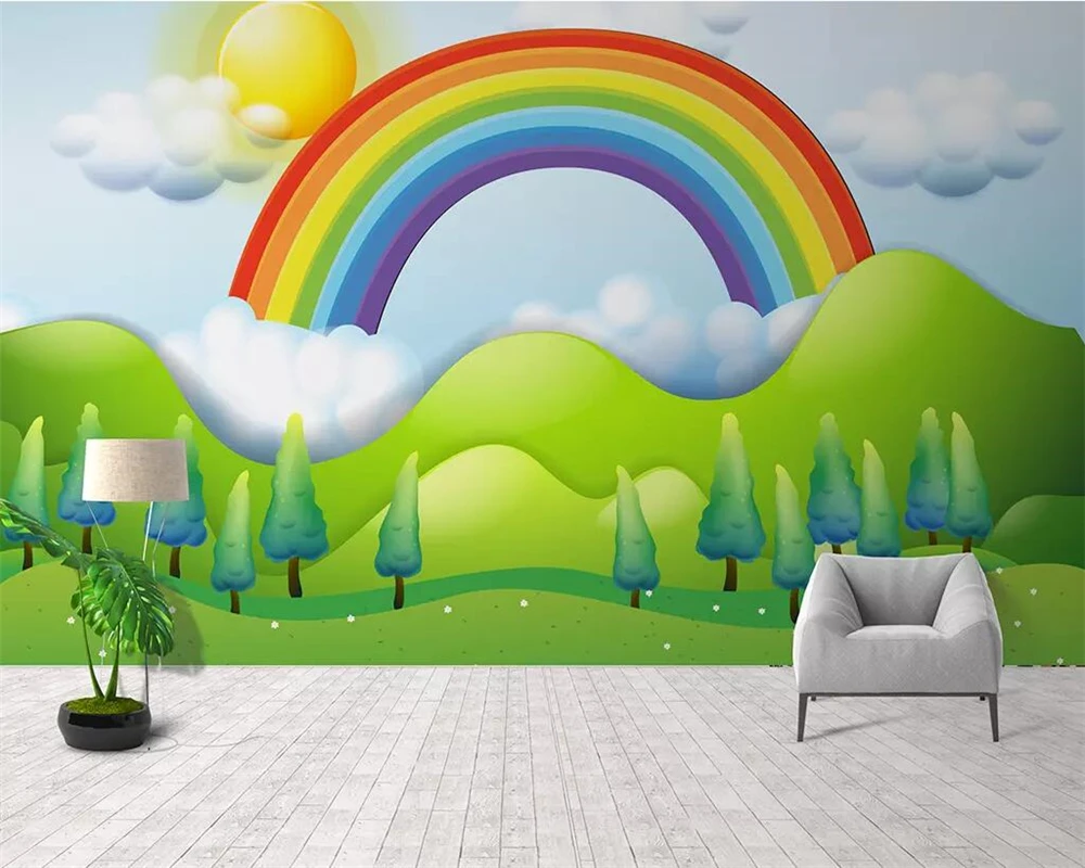 

Customized cartoon wallpaper hand-painted rain rainbow forest children's room background wall bedroom decoration 3d wallpaper