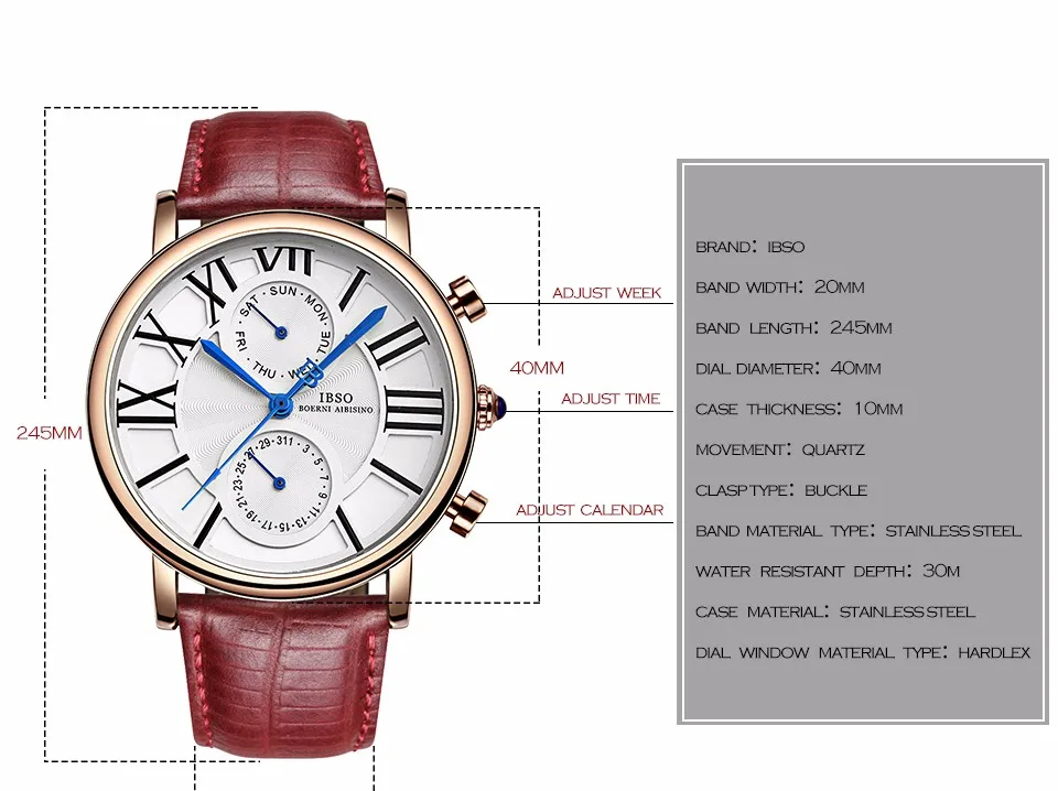 Многофункциональные женские часы IBSO,, Топ бренд, кварцевые часы с ремешком из натуральной кожи, женские часы с календарем, дисплеем недели, Reloj Mujer