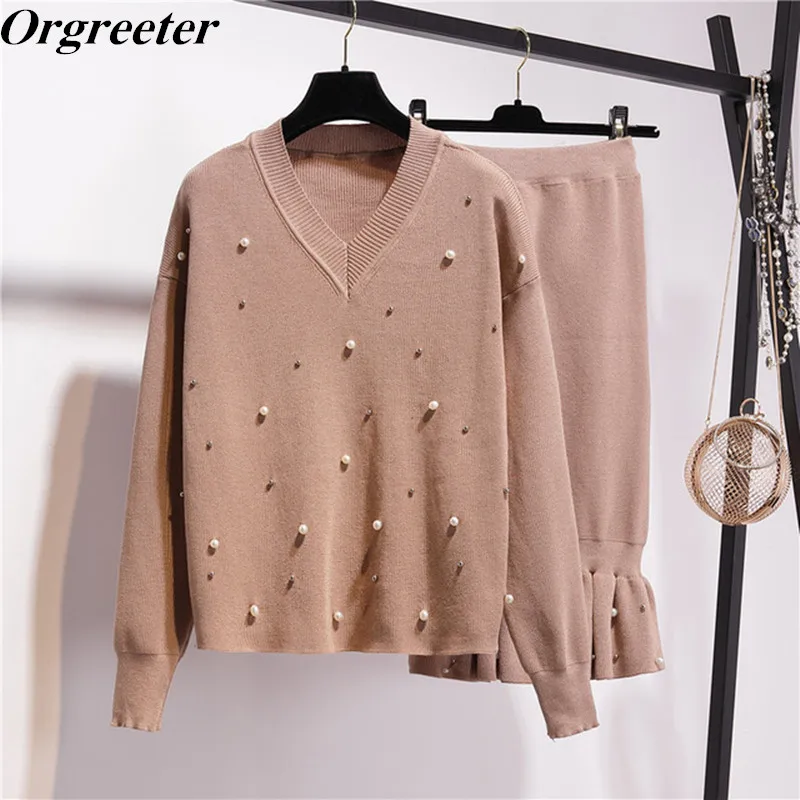

High Quality Beading Sweater and Fishtail Skirt Two piece set Women Fall Winter Knitted V-neck Pullovers and Skirt Outfits Suits