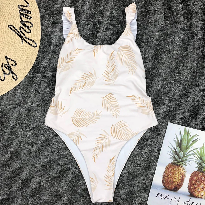 Günstig 2020 neue Sexy Blatt Drucken Ein Stück Badeanzug Frauen Rüsche Bademode Body Monokini Brazilian Badeanzüge Strand Tragen Schwimmen