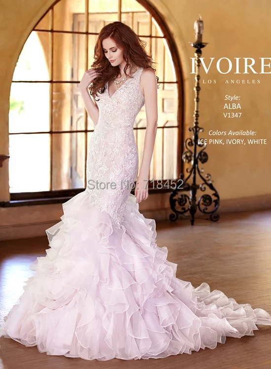custom ruffles vestido de novia de organza de color rosa con cuello