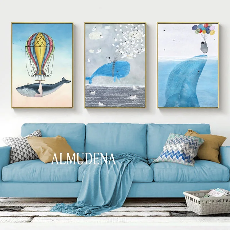 

Cute Cartoon Fish Picture Home Decor Nordic Canvas Art Painting Wall Art Print Whale Shark Dolphin Painting for Kids Bedroom