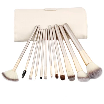 

12 Pcs Champagne Color Wood Handle Nylon Face Makeup Cosmetic Brush Set with Pouch