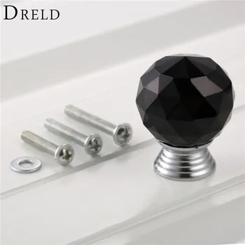 DRELD 1Pcs 30mm Black Diamond Crystal Glass Pull Handle Cabinet Drawer Door Knob Kitchen Furniture Handle with 222530mm Screws