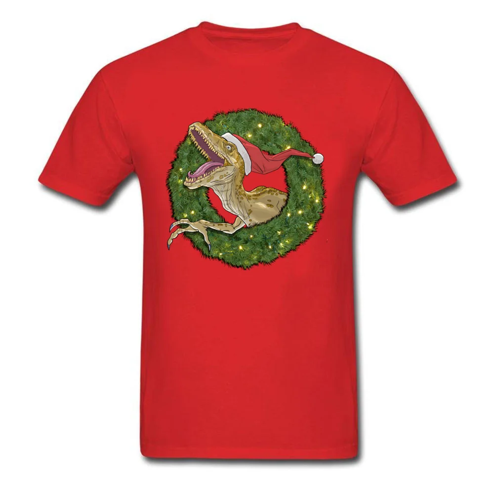 Velociraptor and Christmas Wreathe All Cotton Mens Short Sleeve Tops Tees Design Summer Autumn Tshirts 2018 New O Neck T Shirt Velociraptor and Christmas Wreathe red