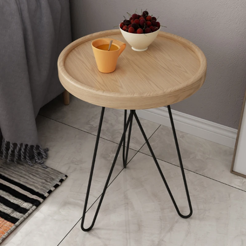 Modern Design Solid Wood Coffee Table Metal Round End Table for Living Room Side Table