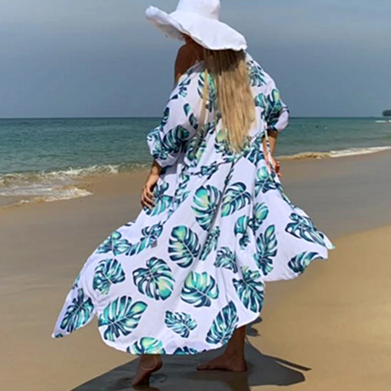 Bikinx, длинный хлопковый пляжный женский купальный костюм, накидка с принтом листьев, кафтан, саронг, накидка, Женская туника, модная пляжная Новинка