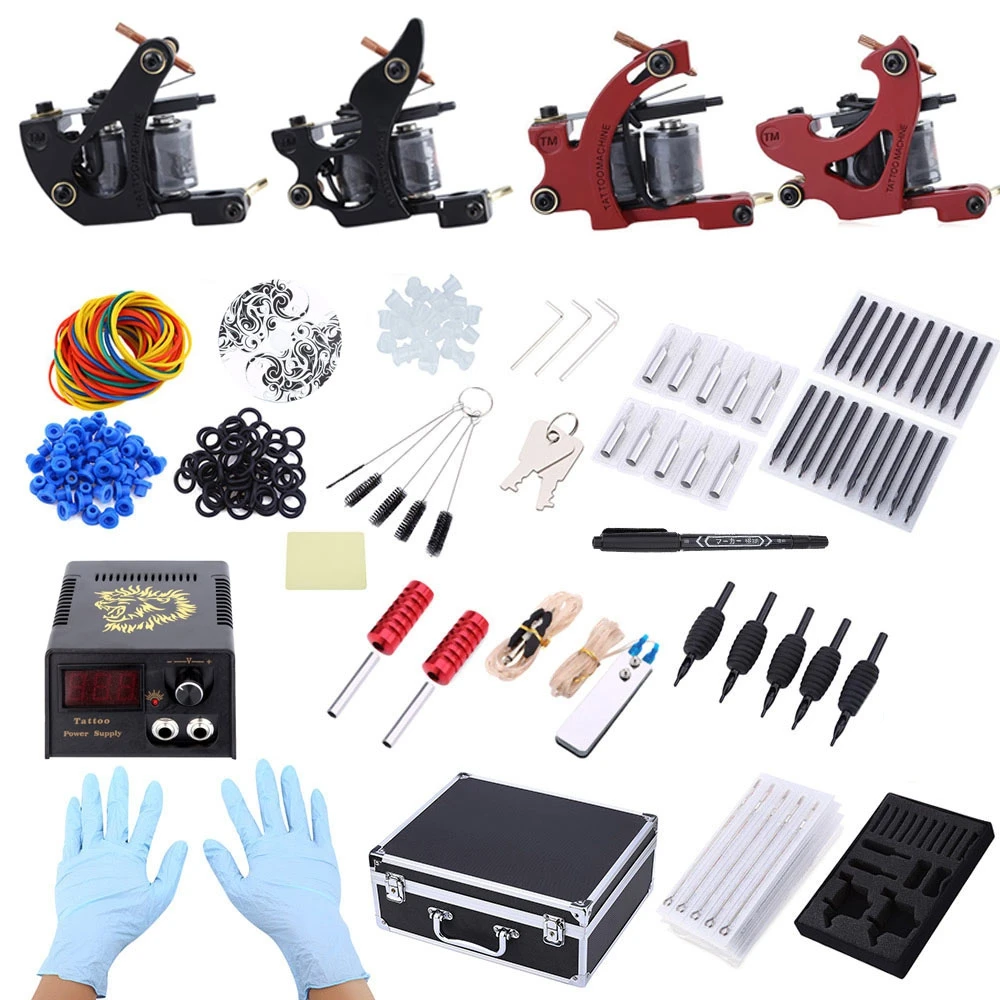

Professional Complete Tattoo Kit 4 Machine Guns Shader Liner Needle Tips Power Supply with Storage Body Art Tattoo Gun Tool Kit