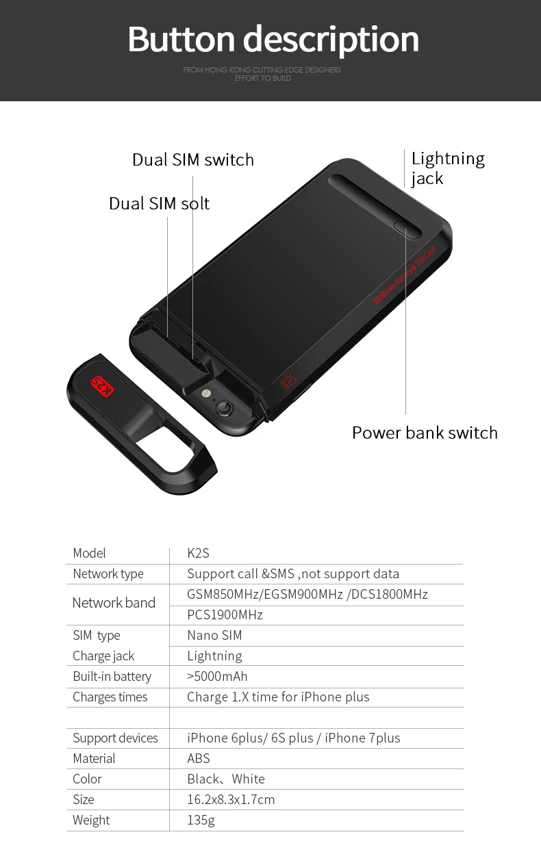 Dual SIM двойной резервный чехол для телефона адаптер+ 2000/5000mAh power Bank умный защитный чехол для iPhone 6(s)/6 P/7/7 P/8/8 P iKOS K2S