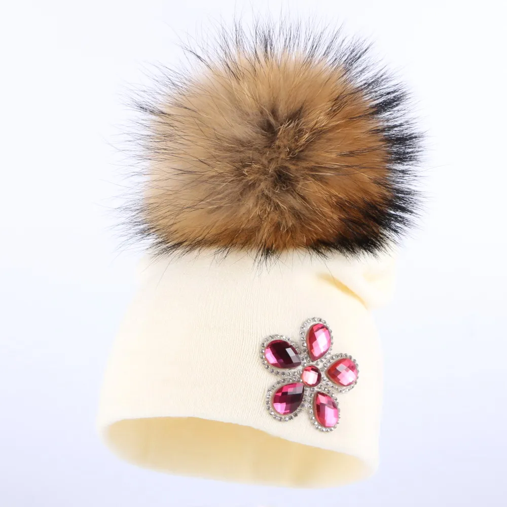 Ragazzo ragazza bambino nuovo disegno di inverno cappelli fucsia cristallo floreale cotone skullies bambini berretti carino grande visone cappello pompon