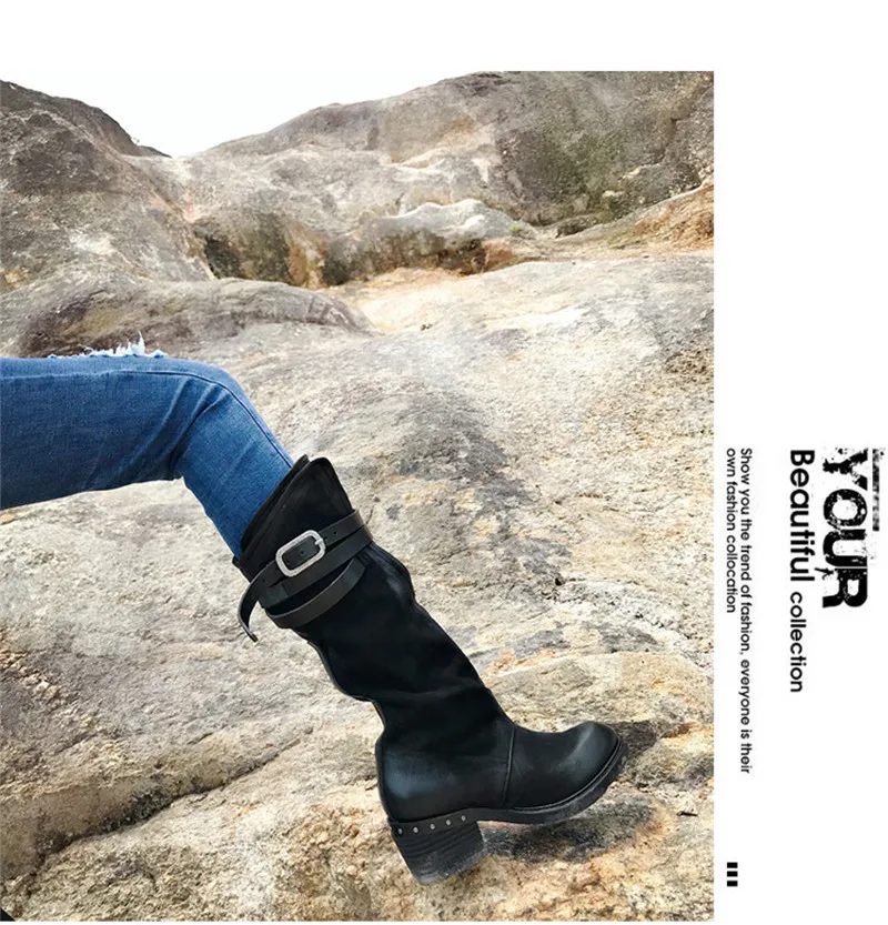 Prova Perfetto черный осень зима женские высокие сапоги ремни 5 см каблук Botas Mujer ручной работы на платформе Резиновая обувь сапоги для верховой езды