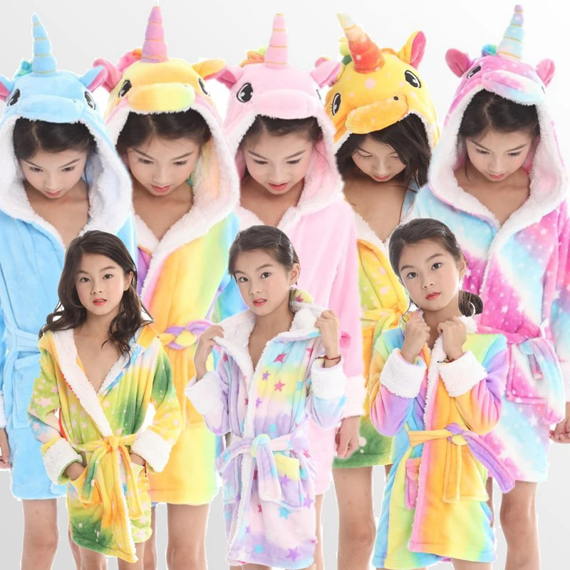 Baby animal plus velvet bathrobe boy girl flannel hooded unicorn towel robes winter sweet warm children pajamas children clothes
