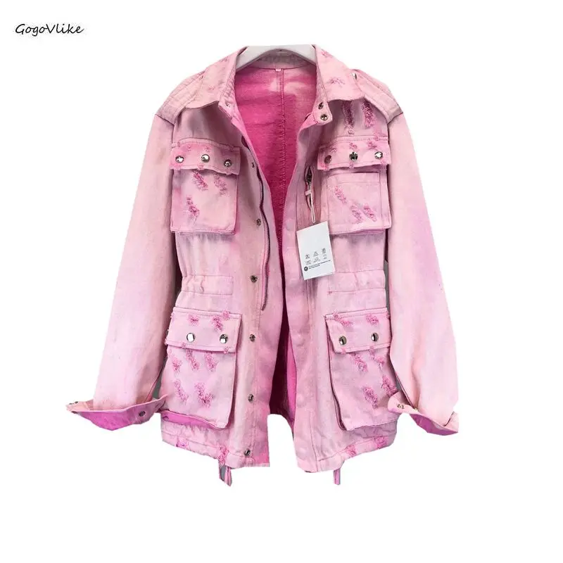 

Harajuku Pink Denim Trench Coat Heavy Factory Holes Jeans Coats 2019 New Water Wash Students Basic Slim Coats Outfit LT560S50