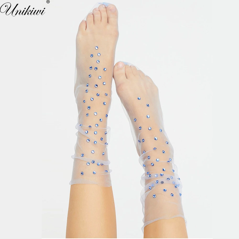 

5 Colors.Women's Glitter Rhinestones Socks.Lady hot fix rhinestone Shiny Transparent Mesh Socks Gauze Sox Princess Sock Hosiery