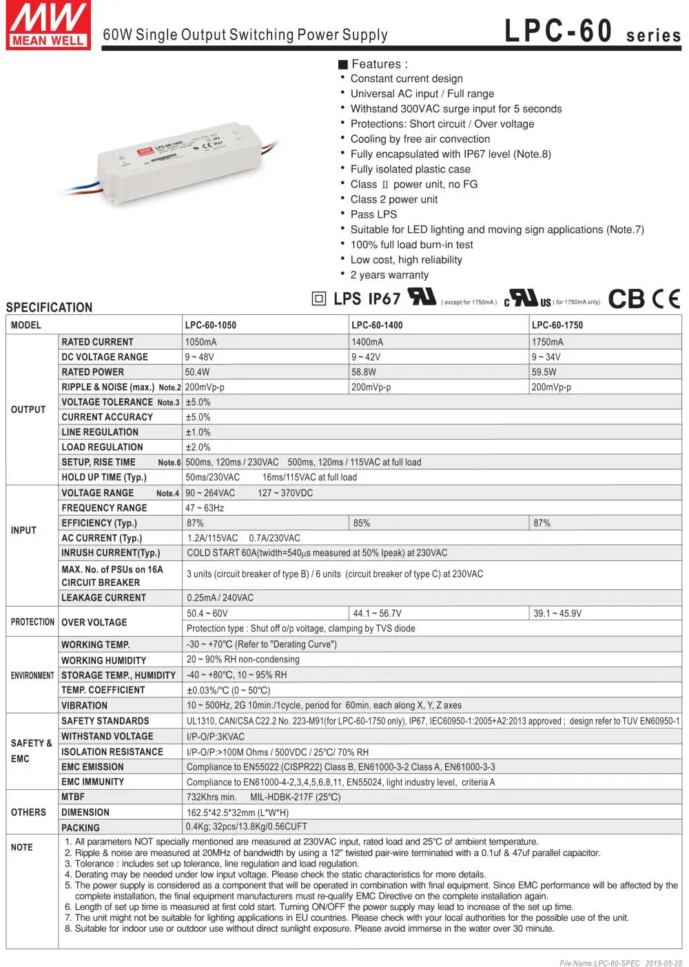 Цена товара MEAN WELL! LPC-60-1400 42В 1400mA meanwell LPC-60 58,8 W один Выход светодиодный импульсный источник Питание