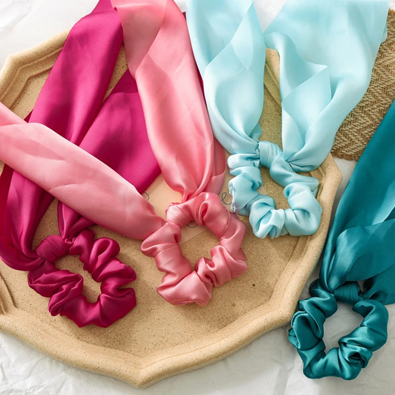 Sale Ribbon Vintage Women Satin Hair Scarf Bowknot Streamers Scrunchies Ponytail Holder Headband Elastic Hair Ties for Girls