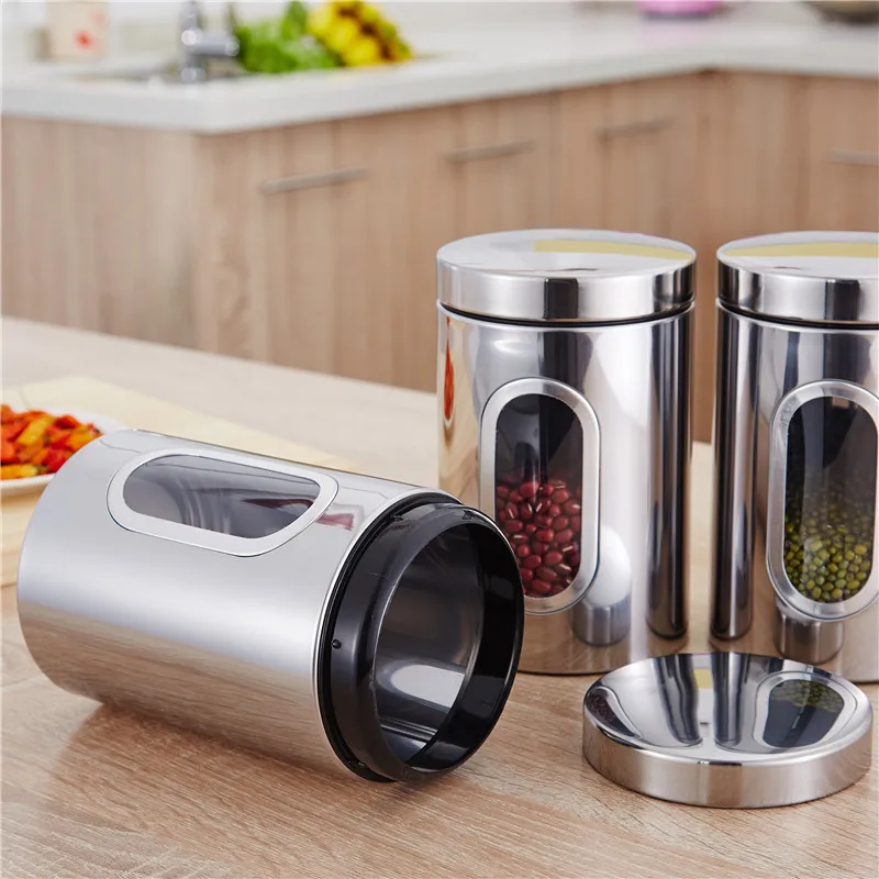 3Pcs Stainless Steel Storage Jar Thick Transparent Sealed Cans Noodles Grains Coffee Tea Candy Jar Kitchen Storage Bottle
