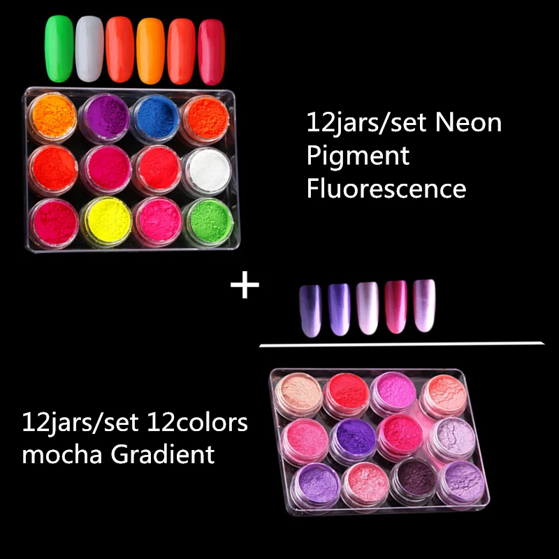 

12jars/set 12colors mocha Gradient Nail Glitter Pigment Powders Pretty And 12jars/set Neon Pigment Fluorescence Effect Glitter