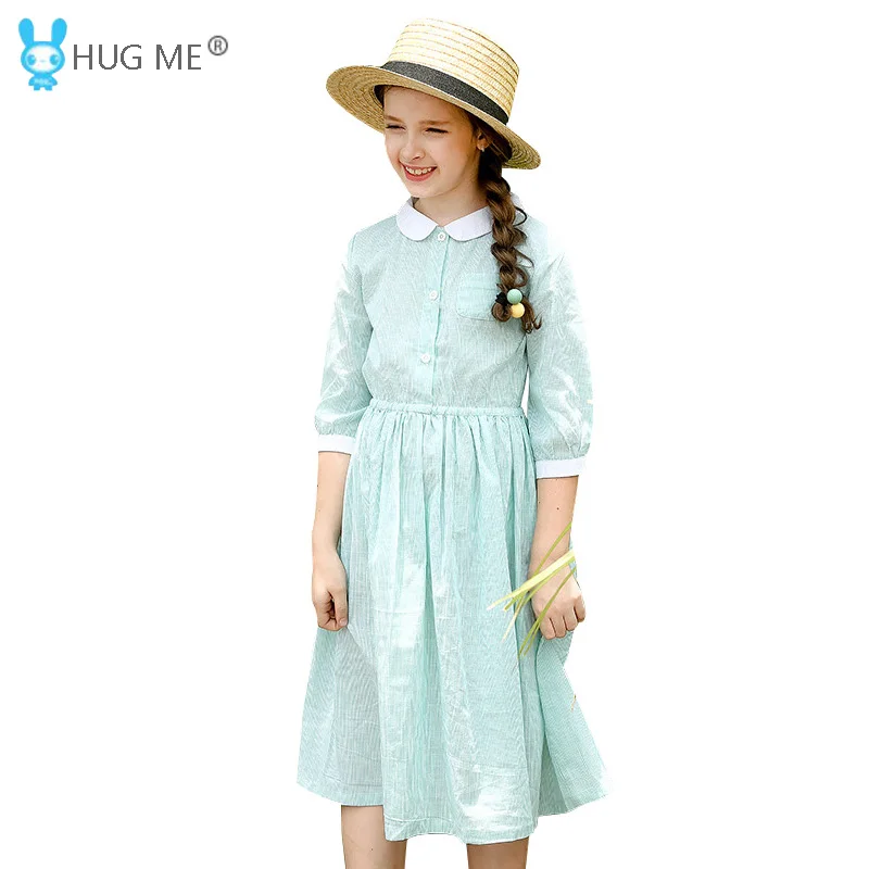 

Elegant Girls Cotton Dress Size 12 Spring Summer 2018 New Arrival Peter Pan Collar Striped Dress for Kids 5 to 14 Years Old